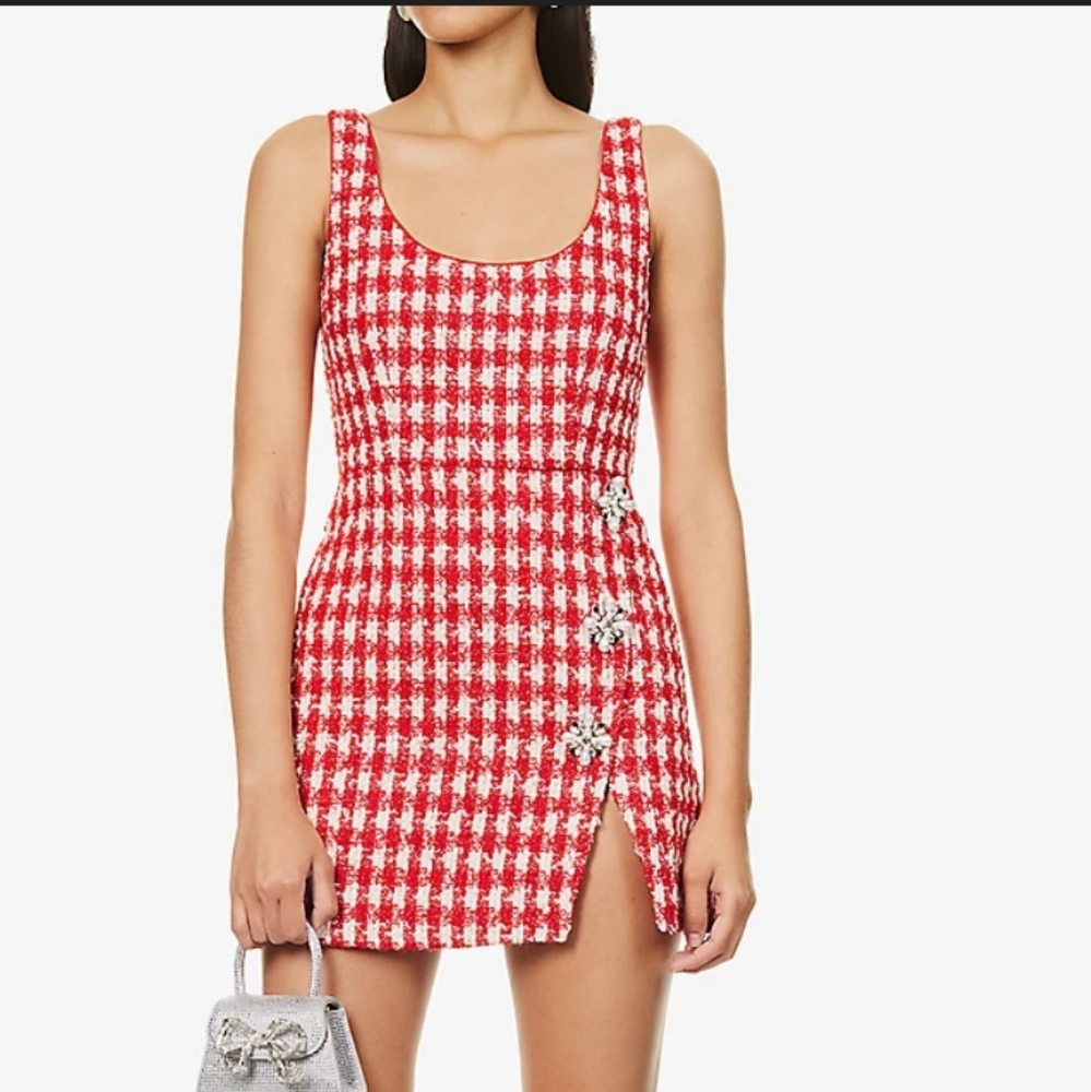 Self-Portrait,Sparkling Red And White Mini Houndstooth Dress.🥰